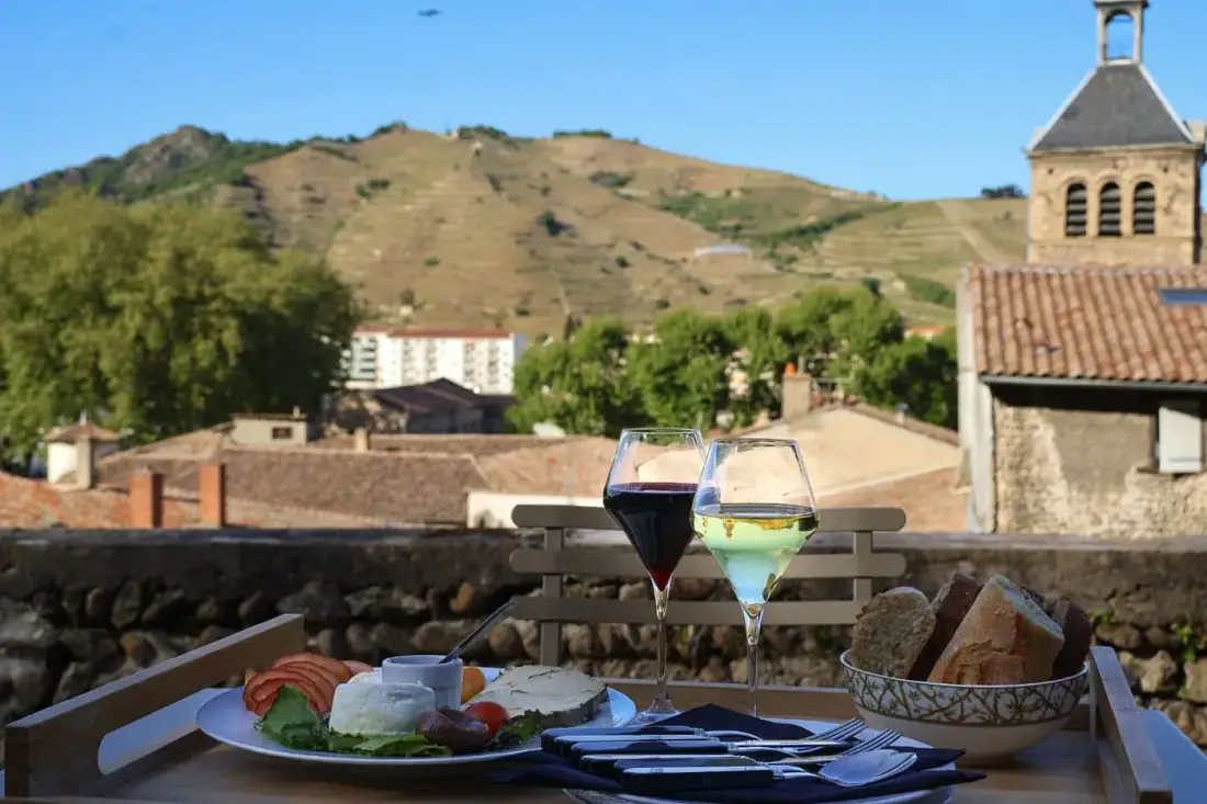Boutique hotel terrace overlooking Northern Rh&ocirc;ne vineyards, Tain